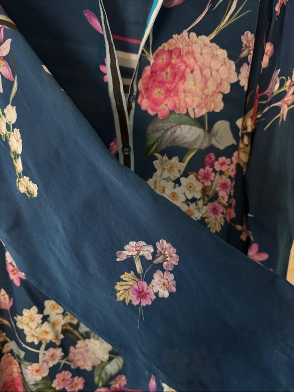 Johnny Was Navy Floral V-Neck Tunic with Pink & White Blooms - Picture 3 of 9